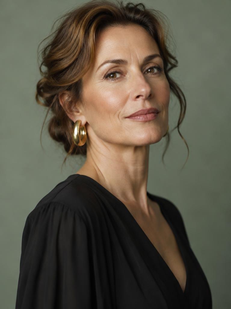 Illustrative sample: woman in a black jacket touching her lapel